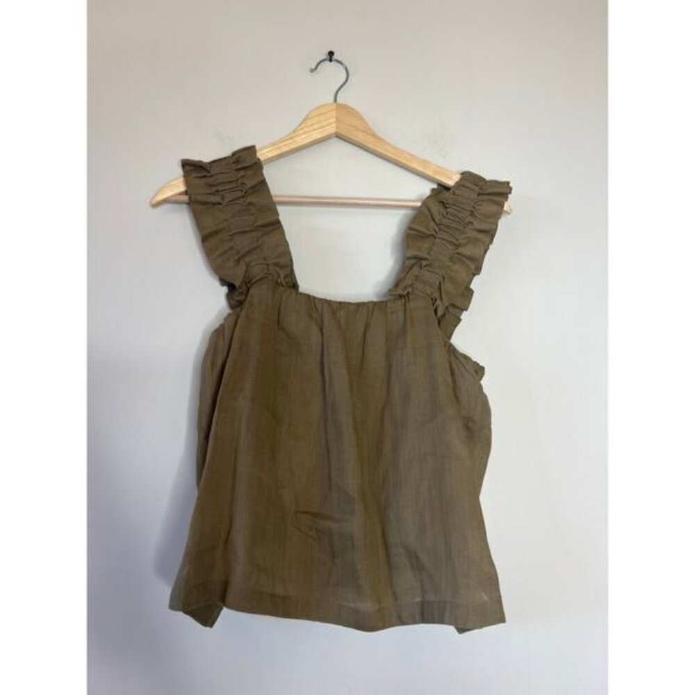 NEW FRAME Ruffle Strap Tank Square Neck Back Button Top Moose Green Size: Small - Picture 2 of 7